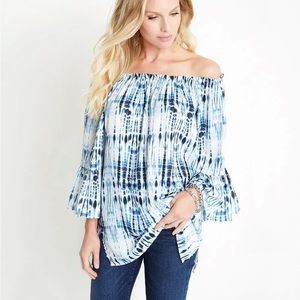 Karen Kane off Shoulder bell sleeve tie dye Blouse blue white fits S/M
